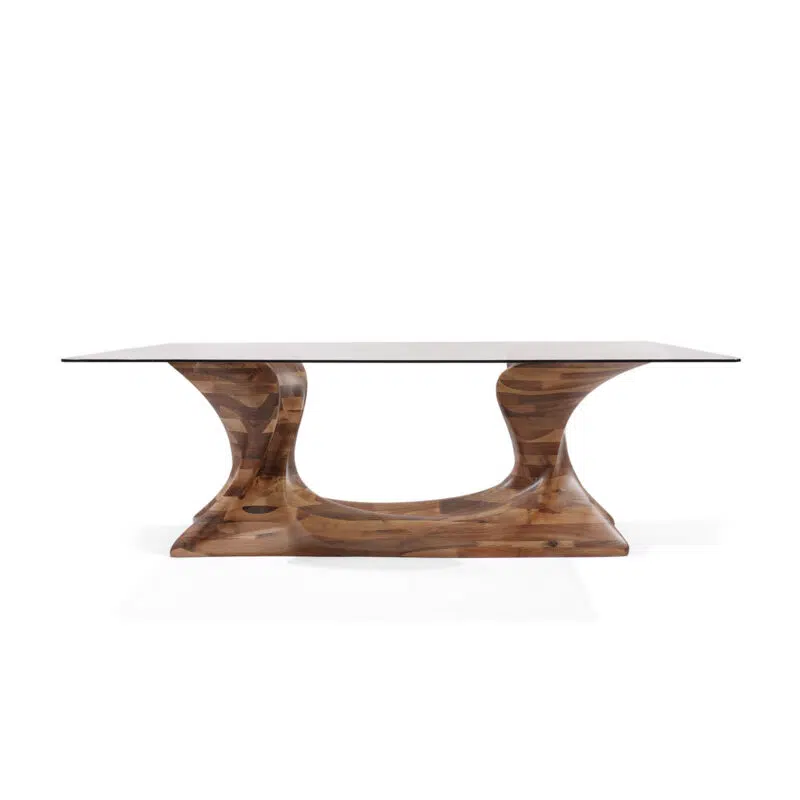 Sleek modern acacia wood dining table with glass top on white background by LEOPARD Furniture, luxury Canadian design.