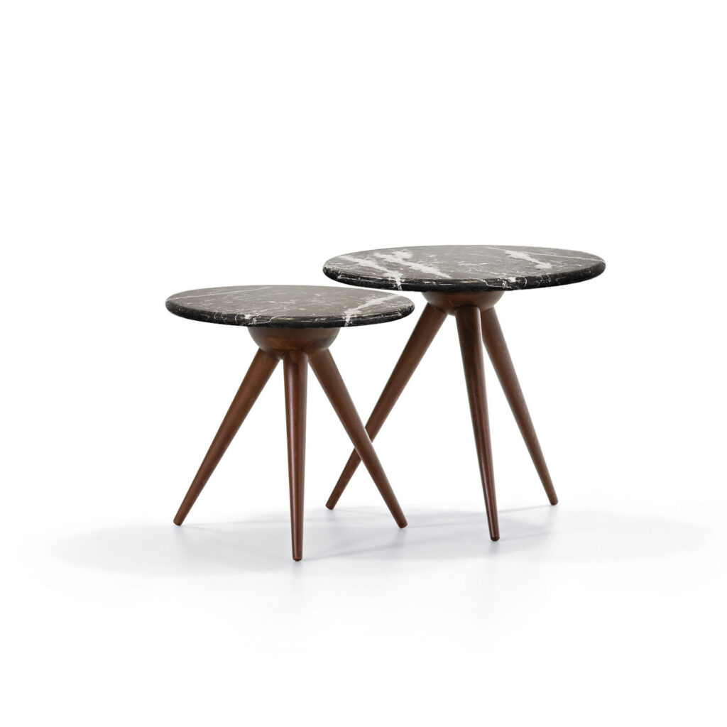 Modern round marble side tables on a white background from LEOPARD Furniture, Canada.