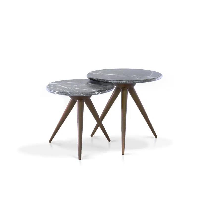 Modern marble nesting tables with wooden legs on white background from LEOPARD Furniture Canada.