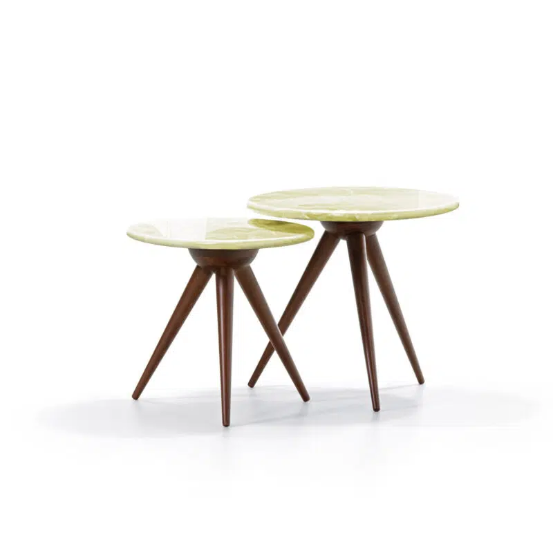 Modern round teak side tables with green tops on white background, by LEOPARD Furniture, Canada’s luxury interior expert.