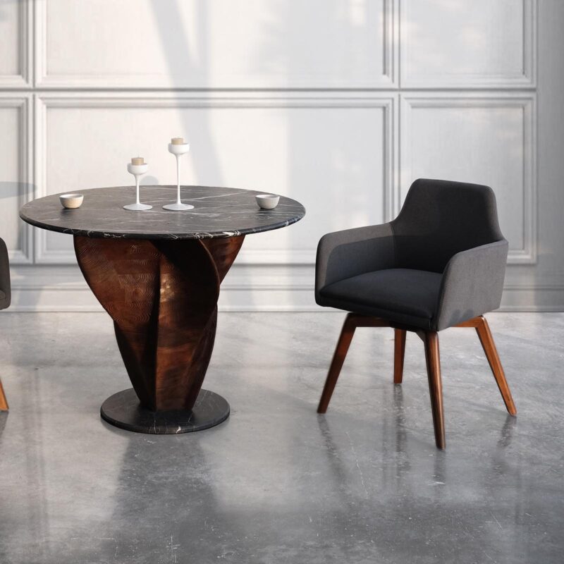 luxury round real marble dining table and solid wood swivel dining chair