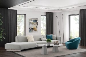 modern living room set with heritage modular sofa in light grey and tao accent chair in blue