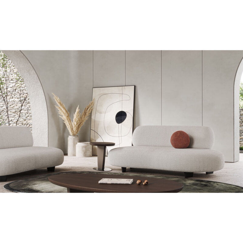 bon bon sofa in whitye soft fabric upholstery and a round cushion