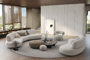 beautiful modern and warm living room setup with white bon bon sofa