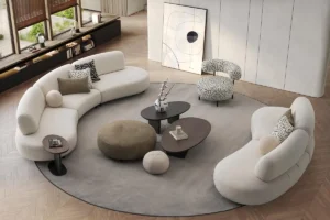 montreal premium living room setup with the round modular sofa named bon bon in white fabric upholstery and bonbon accent chair. and big round ottoman in green fabric beside barcelona coffee table set