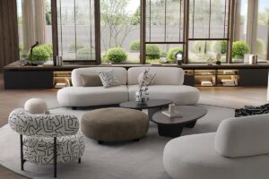montreal premium living room setup with the round modular sofa named bon bon in white fabric upholstery and bonbon accent chair. and big round ottoman in green fabric beside barcelona coffee table set
