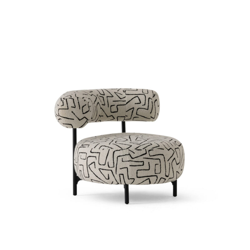 bon bon round accent armchair unique modern design cute in patterned white fabric overall view