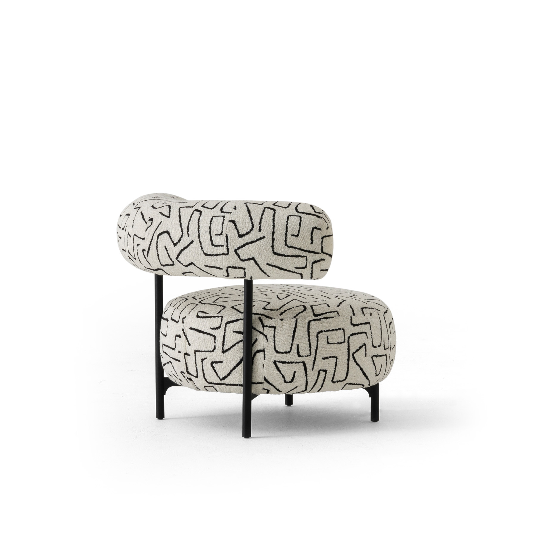 bon bon round armchair accent chair unique modern design cute in patterned white fabric rear view