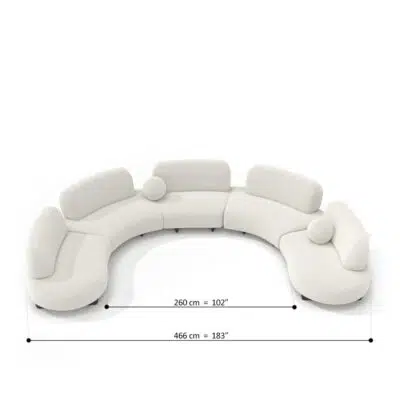 Image of a curved modular sofa on a white background with product dimensions, by LEOPARD Furniture, luxury Canadian brand.