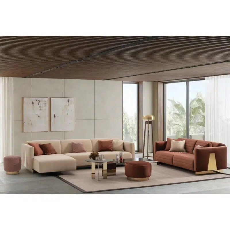 Luxurious modern living room with beige sectional sofa and rust armchair by LEOPARD Furniture, elegant design in Canada.