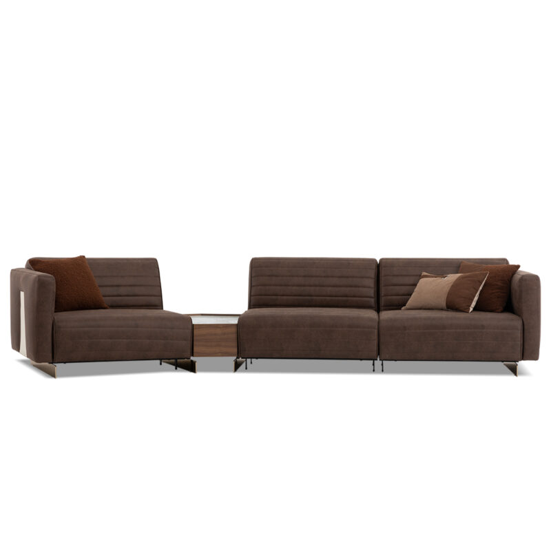 heritage modular sofa in brown fabric tufted with coffee table between the modules
