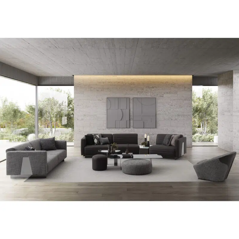 Modular grey sectional sofa in modern minimalist interior by LEOPARD Furniture, Canada. Contemporary luxury design.