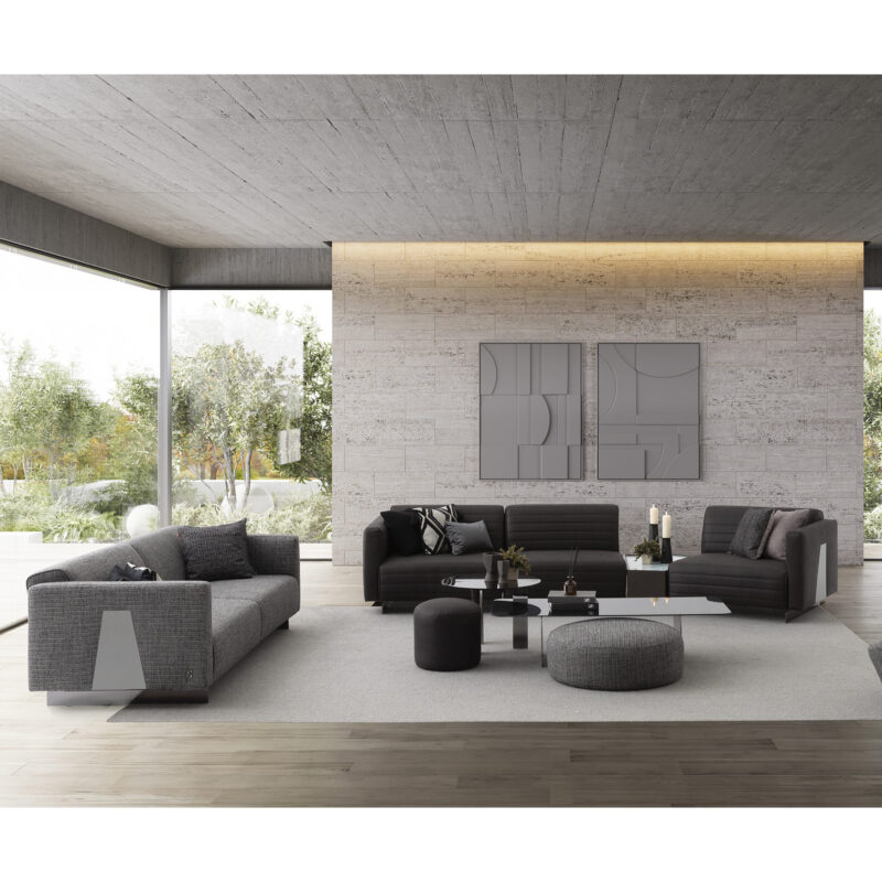 contemporary living room set with black leather sofa