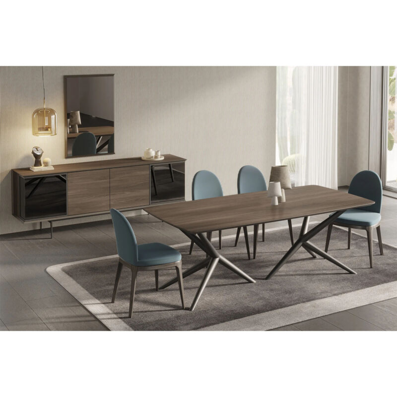 egg dining chair in a modern dining room with luis dining table and luis console table
