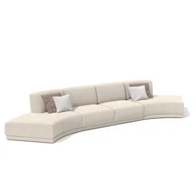 Curved beige sectional sofa with accent pillows on white background from LEOPARD Furniture, Canada. Modern luxury seating.