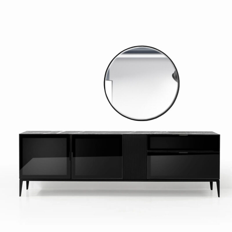 Toronto Console Table with black marble look top and matte black metal legs with mirror