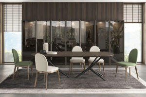 egg dining chair in a modern dining room with luis dining table and luis cabinets