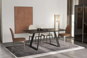 egg dining chair in a modern dining room with luis dining table