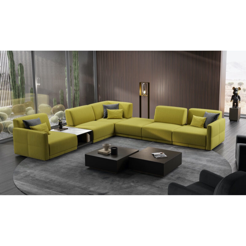 le mans modular sectional in yellow fabric with coffee table module in a modern living room