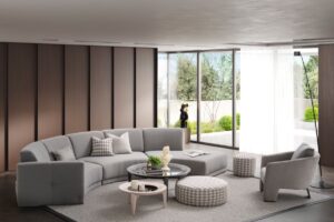 modern living room white and grey and brown modular sofa and armchair and coffee table and round coffee tables