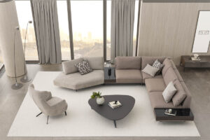 The Loft Modular Sofa in a modern living space with a off white rug and a minimalist coffee table
