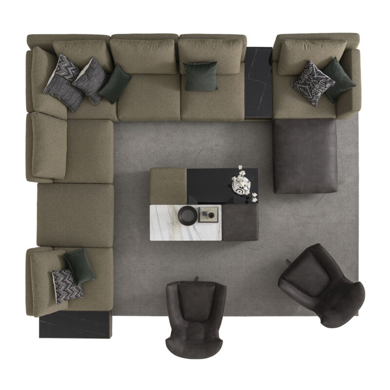 Top view of the Loft Modular Sofa in a modern living space with a green accent fabric and a black marble coffee table