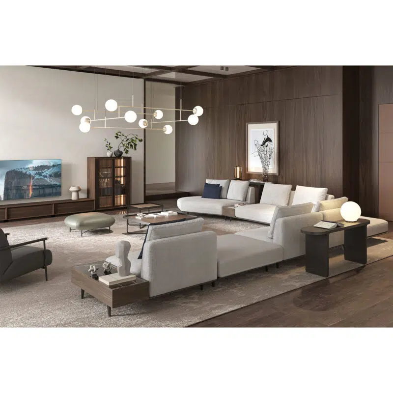 Contemporary luxury living room with modular sectional sofas and chic chandelier by LEOPARD Furniture, Canada.