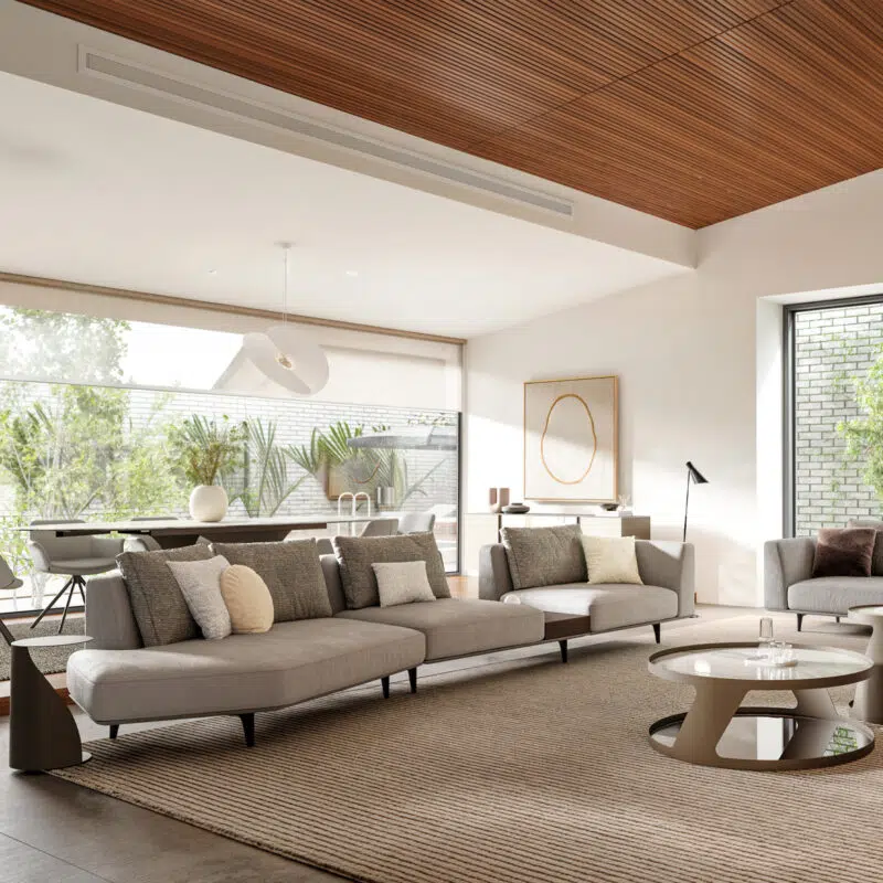 Modern minimalist living room with sleek LEOPARD Furniture sectional sofa and stylish decor in airy Canadian interior design.