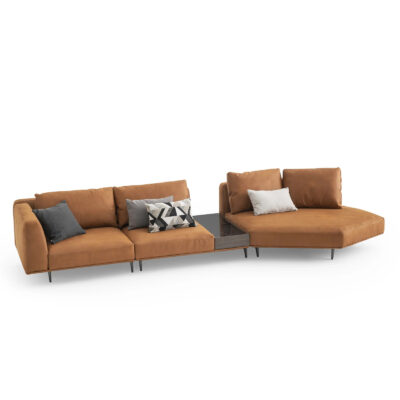 modular sectional couch in cognac color upholstery with internal coffee table