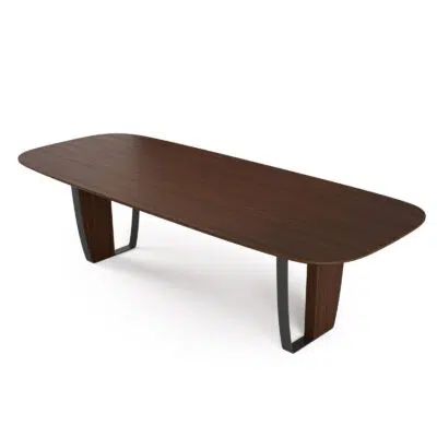 Modern walnut dining table with sleek metal legs on a white background from LEOPARD Furniture Canada.