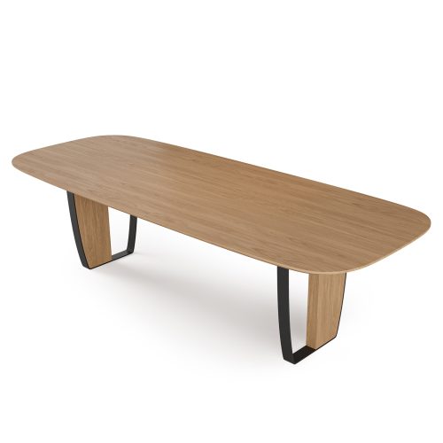 Modern oak dining table with sleek black legs on white background, designed by LEOPARD Furniture.