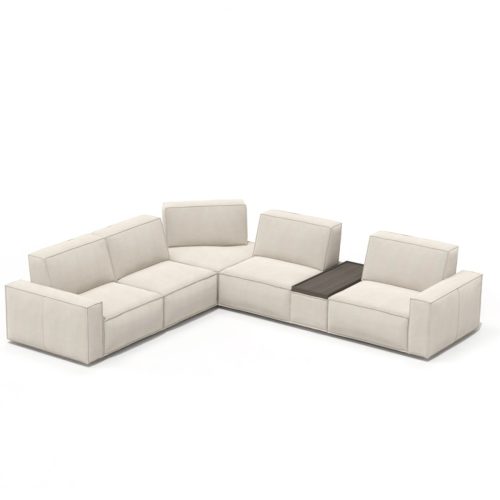 Canapé sectionnel en cuir blanc avec tablette intégrée, fond blanc. LEOPARD Furniture, design contemporain Canada.