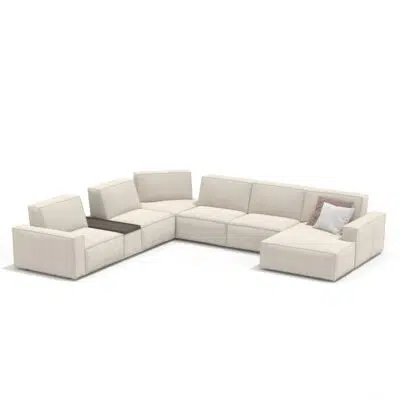 Sectional beige sofa with pillows on a white background, high-end design by LEOPARD Furniture, Canada.