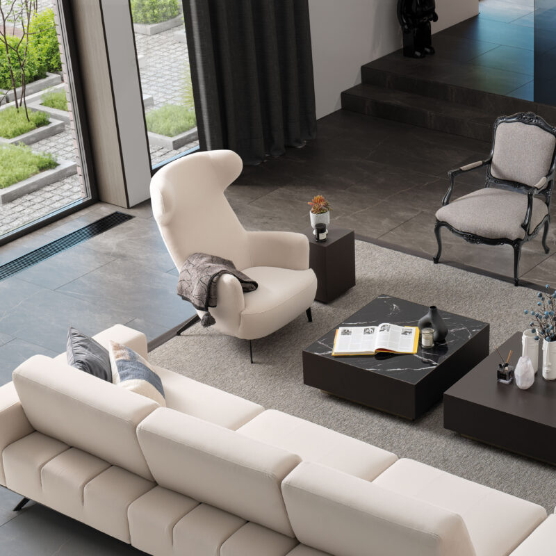 modern living room white sofa and armchair