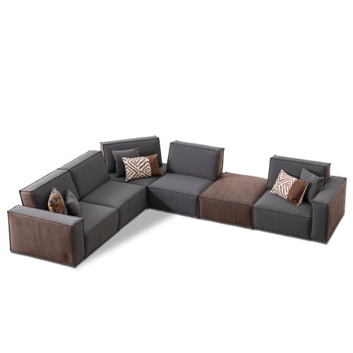 canapé modulable cavalli tissu gris et cuir marron avec pouf