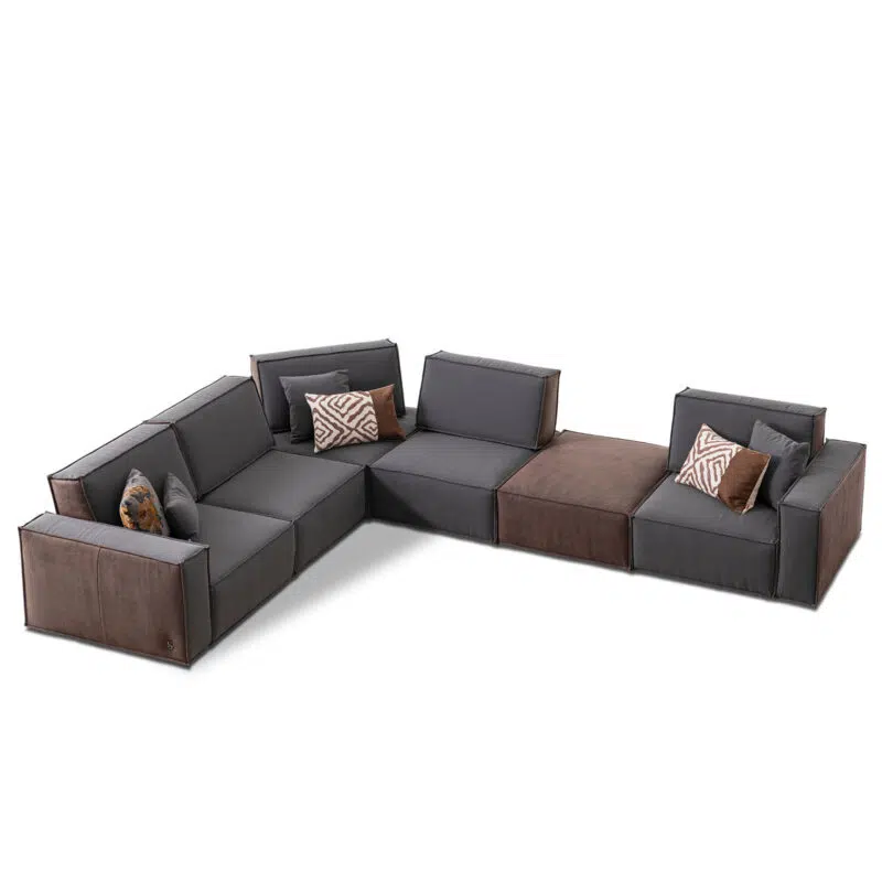 cavalli modular sofa grey fabric and brown leather with pouf