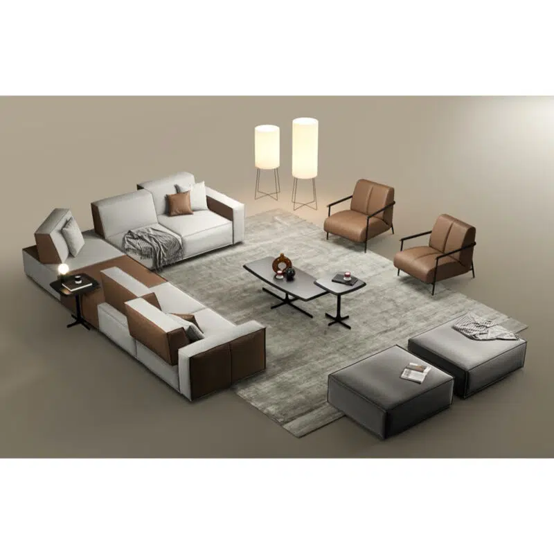 Modern living room setup with LEOPARD Furniture's chic brown and grey sectional sofa and armchairs on a designer rug.