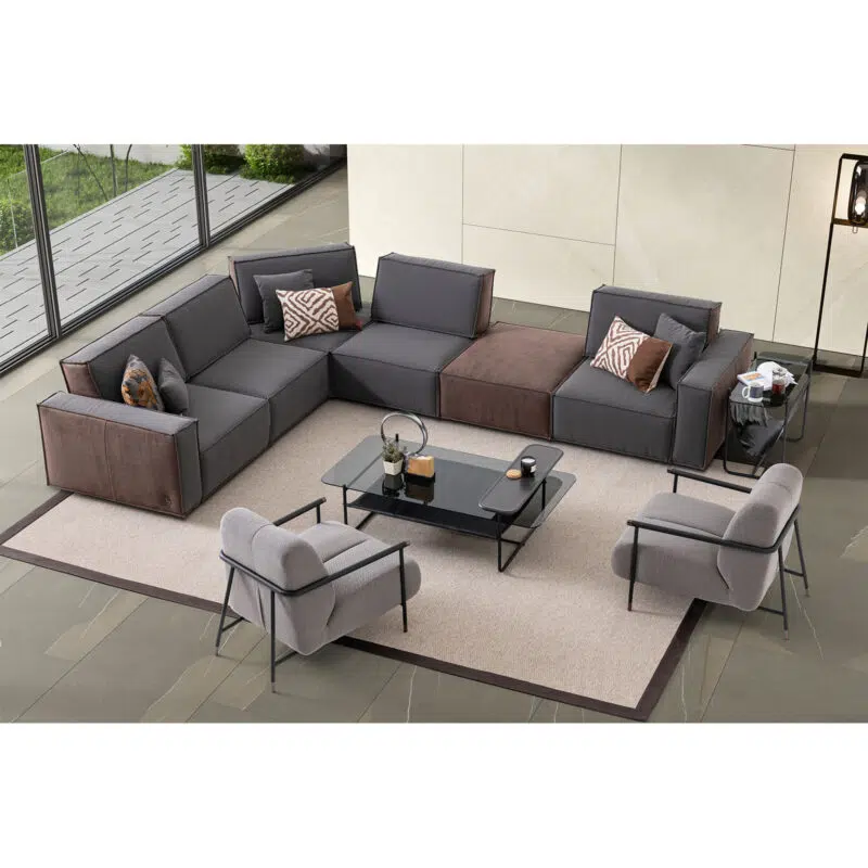 Modern sectional sofa set with coffee table in a luxurious living room setup, featuring sleek minimalist design by LEOPARD Furniture.