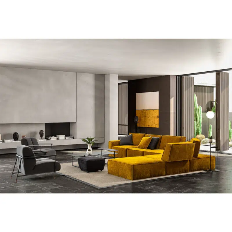 Modern stylish living room with luxurious mustard velvet sectional sofa by LEOPARD Furniture, Canada.