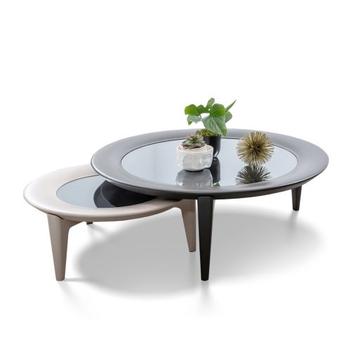 Table basse Vovo de forme ronde en taupe clair avec petite table emboîtée