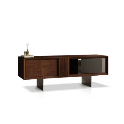 Modern walnut wood sideboard with mirrored door on a white background, by LEOPARD Furniture, Canada.