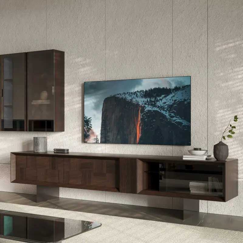 large contemporary tv stand heritage designed with wood metal and glass