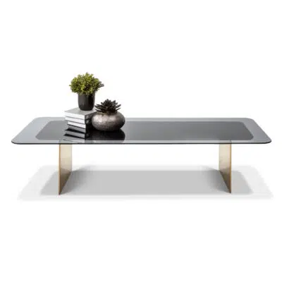 Heritage Coffee Table with a dimmed black glass tabletop and gold metal legs