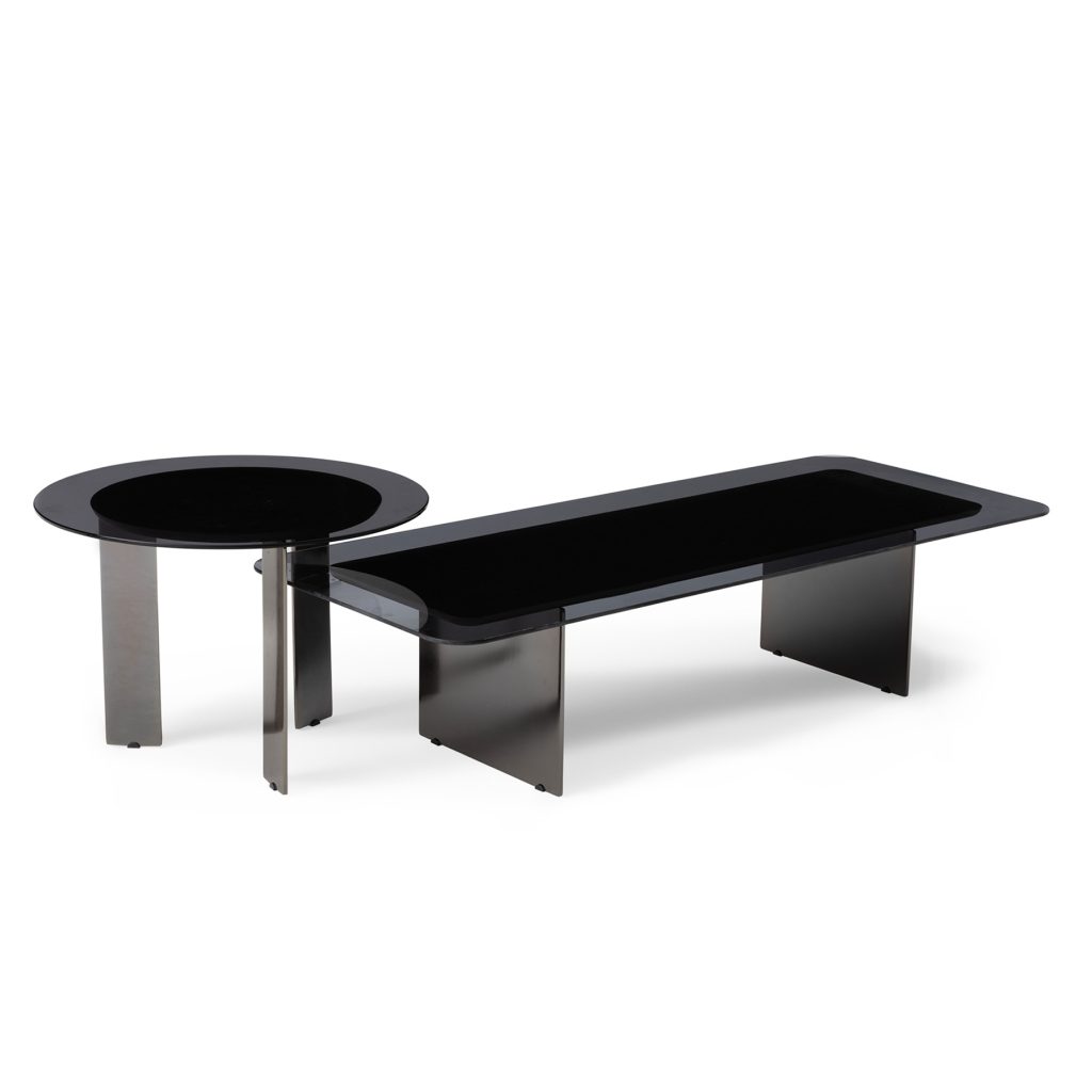 Modern black glass coffee and side table set by LEOPARD Furniture on white background, luxury Canadian design.