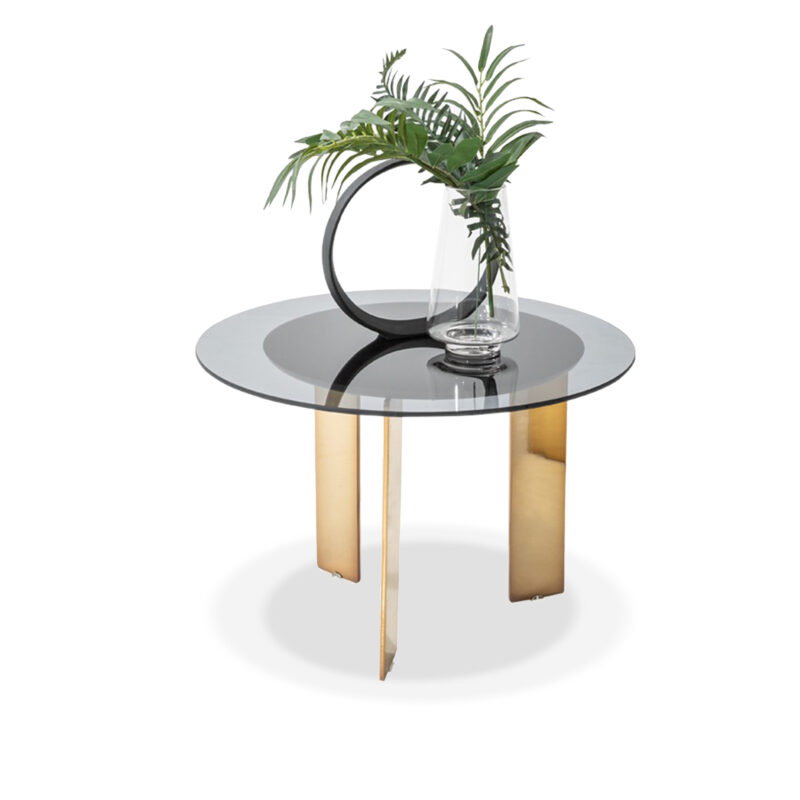 Heritage side Table with a dimmed black glass tabletop and gold metal legs