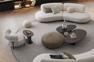 Barcelona Coffee Tables and bon bon modular sofa in a modern living room with oval shapes and clean curved lines