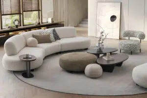 Barcelona Coffee Tables and bon bon modular sofa in a modern living room with oval shapes and clean curved lines