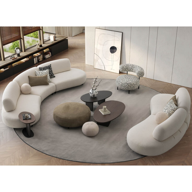 Barcelona Coffee Tables and bon bon modular sofa in a modern living room with oval shapes and clean curved lines