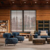 Chic salon moderne avec fauteuils en velours bleu et table basse en bois LEOPARD. Design haut de gamme au Canada.