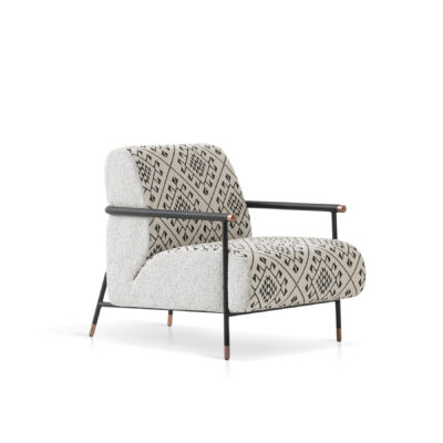 White fabric variation of the Nice Accent Chair Kilis, complemented by sleek black metal legs and arms